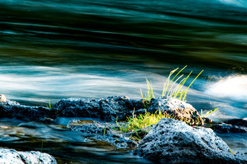 Fototapeta na wymiar Long Exposure of Fast Moving Water and a Tuft of Grass