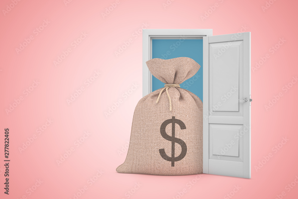 Poster 3d rendering of big canvas money bag emerging from open door on pink gradient copyspace background.