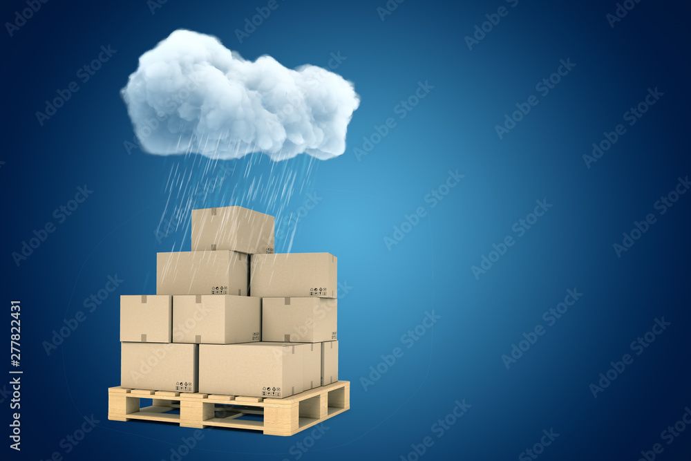 Poster 3d rendering of stack of cardboard boxes on wooden pallet standing under raining cloud on blue gradi