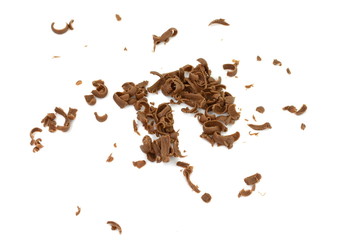 Grated chocolate. Heap of ground chocolate isolated on white background with clipping path, closeup.