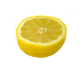 Juicy yellow slice of lemon on a white background isolated. Cut lemon fruits isolated on white background