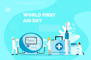 World First Aid Day on the second Saturday in September. Resuscitation ambulance car, hospital concept for website and mobile website development, landing page, apps is presented.