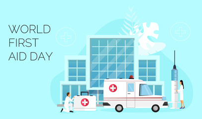 World First Aid Day on the second Saturday in September. Resuscitation ambulance car, hospital concept for website and mobile website development, landing page, apps is presented.