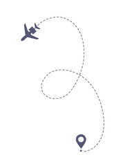 Airplane line path vector icon of air plane flight route with start point. Travel, trip dashed line trace and plane routes.