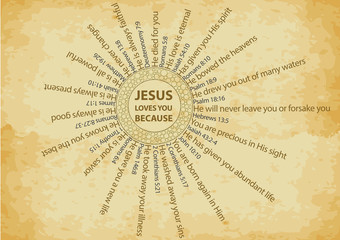 Christian background with multiple reasons why Jesus loves you, with bible verses, written on old paper texture 