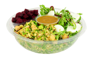 Goats cheese and beetroot convenience salad bowl isolated on a white background