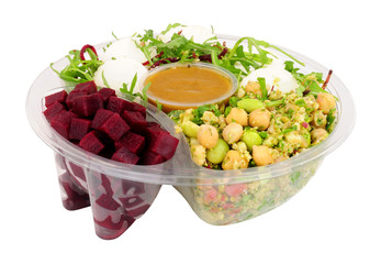 Goats cheese and beetroot convenience salad bowl isolated on a white background