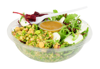 Goats cheese and beetroot convenience salad bowl isolated on a white background