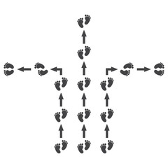Footprints, barefoot, human. Arrows, movement pointers. Straight, left, right. Abstract concept, icon set.