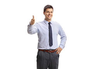 Cheerful white-collar male worker showing thumbs up