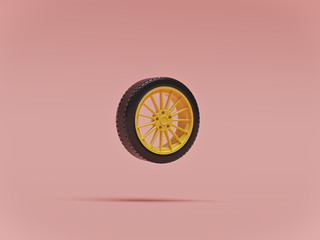 Car wheel isolated on pastel background. close up. minimal design. 3d rendering