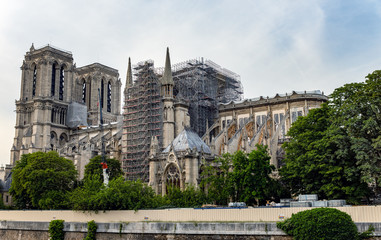 Paris, France - July 10, 2019: Notre Dame de Paris. Reinforcement work in progress after the fire....
