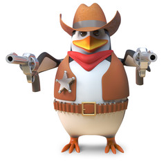 Dangerous sheriff penguin the wild west cowboy draws both his pistols, 3d illustration