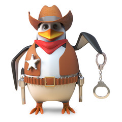 Honest sheriff penguin the brave lawman cowboy holds out his handcuffs, 3d illustration