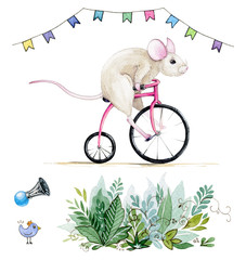 Watercolor hand drawn set with illustration of a funny mouse riding a bicycle under the flags and some party elements.