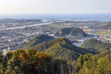 View for Tottori city from Tottori castle in Japan. cityscape, stream and sea.