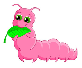 Cartoon caterpillar eat leaf. Vector illustration.