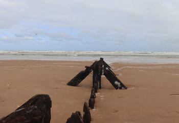 Wood in the sand, covered in foam on Omaha Beach in France
