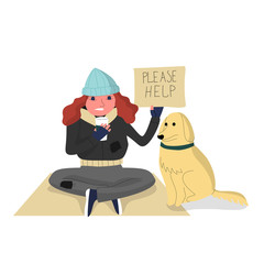 Homeless woman sitting on cardboard with a dog, holding paper cup to collect donations and cardboard with text please help