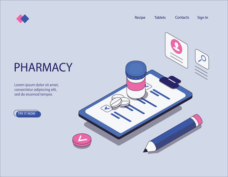 Isometric image of pharmacy and prescription. Visualization of the list of medicines with a pencil, a jar and a tablet. Can be used for banner, infographic, website. Vector illustration.