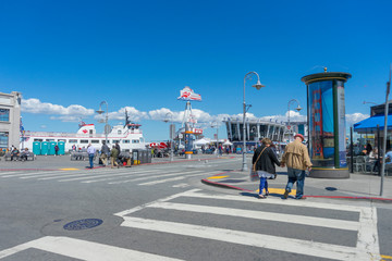 Sunny Day View of Fisherman's Wharf on Jefferson St in San Francisco,CA