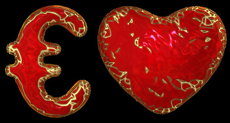 Symbol collection euro and heart made of golden shining metallic. Collection of gold shining metallic with red paint symbol isolated on black background. 3d