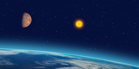 View of Earth from outer space with millions of stars around it and sun