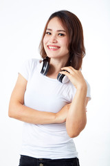Woman headphones listening music on white