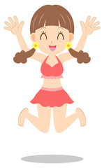 水着　若い女性　ジャンプ　バンザイ