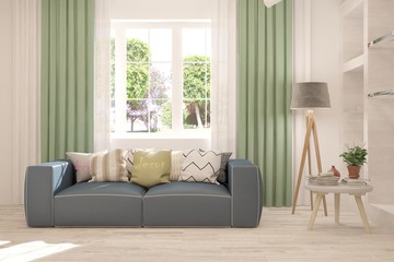 Stylish room in white color with sofa and summer landscape in window. Scandinavian interior design. 3D illustration