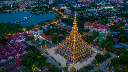 Aerial view Phra Mahathat Kaen Nakhon, Wat Nong Wang, Khon Kaen, Thailand.