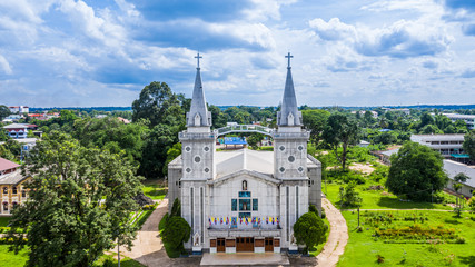 Fototapeta na wymiar Aerial view Church in Nakhon Phanom, Thailand.