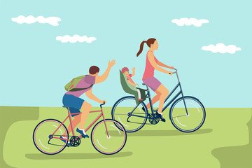 Naklejka premium Happy family riding bikes outdoors. Man and woman on bicycles and child in a helmet on a bike child seat.