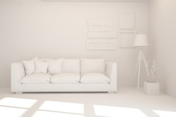 Mock up of stylish room in white color with sofa. Scandinavian interior design. 3D illustration