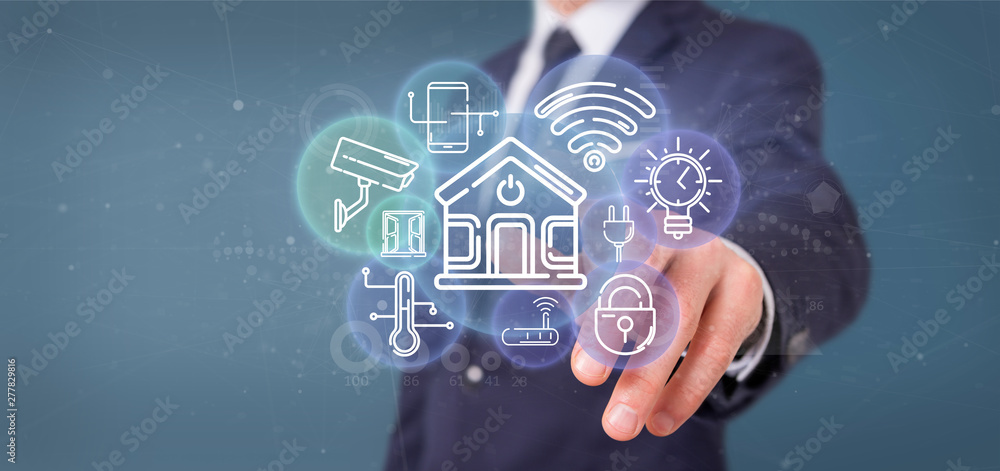 Aufkleber businessman holding smart home interface with icon, stats and data 3d rendering