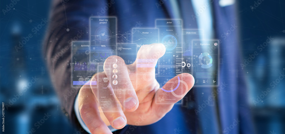 Poster businessman holding user interface screens with icon, stats and data 3d rendering