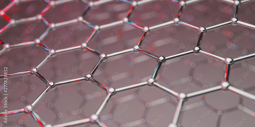 Poster graphene molecular nano technology structure on a red background - 3d rendering
