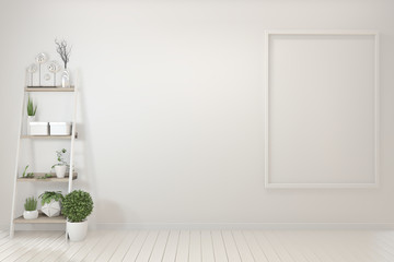 Fototapeta na wymiar Interior poster mock up with wooden frame standing on wood floor and decoration plants.3D rendering