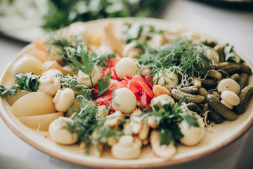 Mushrooms, baby corn, cucumber, ginger,greenery appetizers on plate at wedding or christmas feast. Luxury catering concept. Delicious food table at wedding reception.
