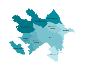 Vector isolated illustration of simplified administrative map of Azerbaijan. Borders and names of the regions. Colorful blue khaki silhouettes
