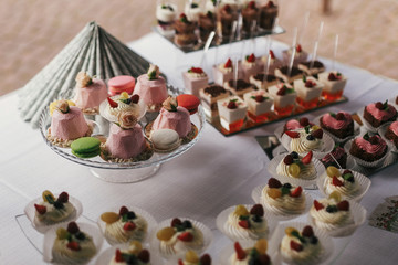 White and pink desserts with fruits and crem,  cupcakes on stand, modern sweet table at wedding or baby shower. Luxury catering concept. Delicious candy bar at wedding reception.