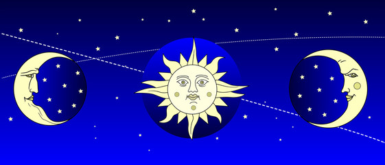 Obraz na płótnie Canvas Fantastic starry sky for background. Sun and moon with the face of a mans and woman. Retro and folk style. Flat design