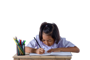 portrait of asian girl in school uniform is drawing with color pencils isolated on white background