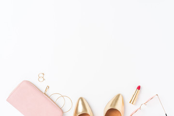 Fashion background with female outfit. Top view