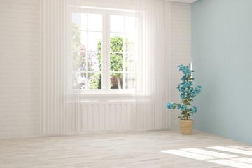 Stylish empty room in white color with summer landscape in window. Scandinavian interior design. 3D illustration