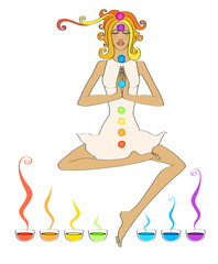 Yoga and aromatherapy. Young woman with arms folded at the chest in the pose of half lotus yoga. Aromatic bowls. Isolated on white background.