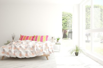 Stylish bedroom in white color. Scandinavian interior design. 3D illustration