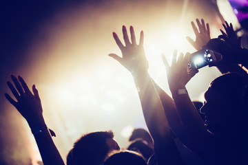 Cheering crowd with hands in air at music festival