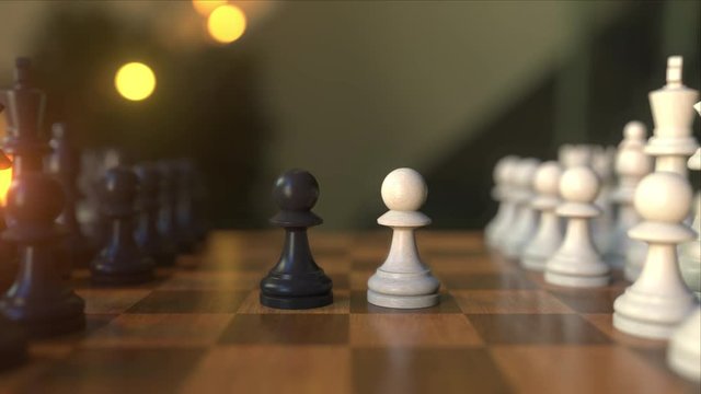 Chess game. The first two pawn moves. Chessboard close-up, realistic 3D animation