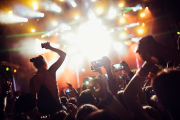 Fototapeta na wymiar Portrait of happy crowd enjoying at music festival